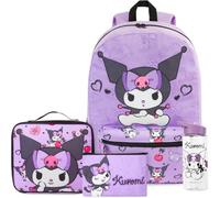 Get Trend Hello Kitty Kuromi Rucksack Kinder 4 TLG. Größer Kinderrucksack, Trinkflasche 500ml, Federmäppchen & Isolierte Lunchtasche, Geschenk für Kinder (Lila Kuromi)