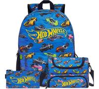 Get Trend Hot Wheels Rucksack Kinder 3er Set, Kinderrucksack mit Federmäppchen und Isolierte Lunchtasche, Schulrucksack Set für Schule und Freizeit (Blau/Multi Hot Wheels)