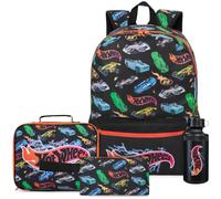 Get Trend Hot Wheels Rucksack Kinder 4er Set, Kinderrucksack mit Federmäppchen, Isolierte Lunchtasche, 500ml Trinkflasche BPA-Frei, Schule und Freizeit (Multi Hot Wheels)