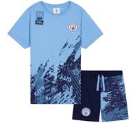 Get Trend Manchester United F.C. Schlafanzug Kinder Jungen Teenager Sommer Pyjama Kurz Weich Fußball Geschenke für Jungs (11-12 Jahre, Blau Manchester City)