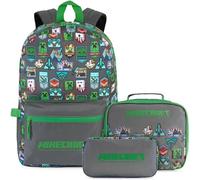 Get Trend Minecraft Rucksack Kinder 3er Set, Kinderrucksack mit Federmäppchen und Isolierte Lunchtasche, Schulrucksack Set für Schule und Freizeit (Grau/Grün Minecraft)
