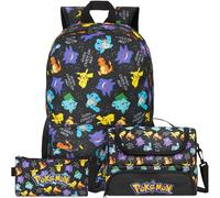 Get Trend Pokemon Rucksack Kinder 3er Set, Kinderrucksack mit Federmäppchen und Isolierte Lunchtasche, Schulrucksack Set für Schule und Freizeit (Schwarz/Multi Pokemon)