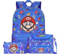 Get Trend Super Mario Rucksack Kinder 3er Set, Kinderrucksack mit Federmäppchen und Isolierte Lunchtasche, Schulrucksack Set für Schule und Freizeit (Blau/Multi Mario)