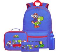 Get Trend Super Mario Rucksack Kinder 4er Set, Kinderrucksack mit Federmäppchen, Isolierte Lunchtasche, 500ml Trinkflasche BPA-Frei, Schule und Freizeit (Blau/Rot Mario)
