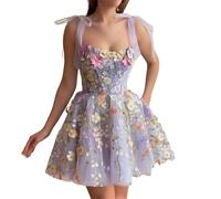 GETMINT Damen 3D-Blumenstickerei-Kleid, Ballkleider für Damen, Sommer, Blumen-Abendkleider 2024, Party, Mini-Prinzessinnenkleid, violett, L
