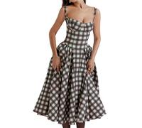 GETMINT Florales Korsettkleid für Damen, elegant, Spaghettiträger, Bustier, Midi-Kleid, A-Linie, lässig, Strand, ärmelloses Kleid, rot kariert, S