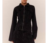 Gewaschene, gebleichte Denim Jacke mit Paneelen und Reißverschluss, Kragen, Koordinationsset nur für Herbst, Vintage-Stil, Landhausstil, Lässig für Fr