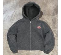 Gewaschener Crop-Hoodie mit Voll-Reißverschluss, ovalem Logo-Patch, boxy Fit, langen Ärmeln, Kapuze, Winter, Lässig Streetwear