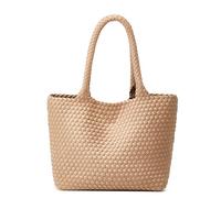 Gewebte Tragetasche für Damen: veganes Leder Schulterhandtaschen - modische Sommer-Strand-Tragetaschen - große Reisetaschen, L-1khaki, Large