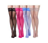 Geyoga 4 Pairs Women Thigh High Stockings Silky Soft Sheer Tights for Women Girls (Black, Rose Red, Coffee, Royalblue)