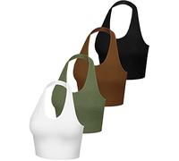 Geyoga 4er-Pack Damen-Tops, V-Ausschnitt, Bauchfreies Top, Neckholder, Tank-Top, rückenfrei, mit Schnürung hinten, Bauchfreies Top mit tiefem V-Ausschnitt, Schwarz, Weiß, Armeegrün, Kaffee, S