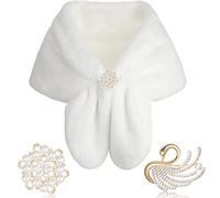 Geyoga Kunstfell-Stola, Schal, Winter, Braut-Accessoire, Wickelschal mit Kunstperlen- und Strass-Broschen, für Damen, 1920er-Jahre, Weiss/opulenter Garten, Large