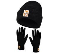 Geyoga Mütze Handschuh Set für Damen Wintermütze Warm Strickmütze Beanie Winter Fleece Handschuhe Weihnachten Geschenk für Frauen(Schwarz,Fuchs)