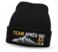 Geyoga Strickmütze Herren Damen Apres Ski Motiv Beanie Mütze Winter Schwarz | Lustige Strickmütze mit gesticktem Apres Ski Motiv, Warme Wintermütze mit Umschlag, Unisex Beanie 55 bis 60 cm