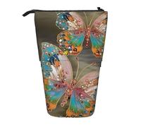 GFLFMXZW Federmäppchen mit Schmucksteinen, Schmetterlings-Aufdruck, Stand-Federmäppchen, Teleskop-Federhalter, Pop-Up-Bleistifttasche, tragbare Make-up-Tasche mit Reißverschluss, Schwarz ,