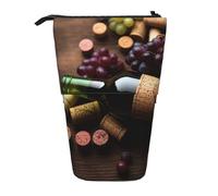 GFLFMXZW Federmäppchen mit Weinflaschenkorken und Traubendruck, Stand-Federmäppchen, Teleskop-Federhalter, Pop-Up-Bleistifttasche, tragbare Make-up-Tasche mit Reißverschluss, Schwarz , Einheitsgröße