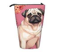 GFLFMXZW Federmäppchen, Motiv: Mops, Pizza, stehend, Teleskop-Federhalter, Pop-Up-Bleistifttasche, tragbare Make-up-Tasche mit Reißverschluss, Schwarz , Einheitsgröße
