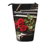 GFLFMXZW Federmäppchen, Motiv: rote Rose auf Klavierdruck, Teleskop-Federhalter, Pop-Up-Bleistifttasche, tragbare Make-up-Tasche mit Reißverschluss, Schwarz , Einheitsgröße