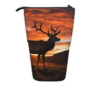 GFLFMXZW Federmäppchen, Motiv: Roter Hirsch, Stier, Elch, Sonnenuntergang, Stehendes Federmäppchen, Teleskop-Federhalter, Pop-Up-Bleistifttasche, tragbare Make-up-Tasche mit Reißverschluss, Schwarz ,