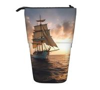 GFLFMXZW Federmäppchen, Motiv: Segelschiff bei Sonnenuntergang, Stehendes Federmäppchen, Teleskop-Federhalter, Pop-Up-Bleistifttasche, tragbare Make-up-Tasche mit Reißverschluss, Weiß, Schwarz ,