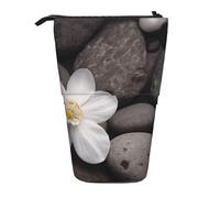 GFLFMXZW Federmäppchen, Motiv: weiße Blume mit Steindruck, Teleskop-Federhalter, Pop-Up-Bleistifttasche, tragbare Make-up-Tasche mit Reißverschluss, Schwarz , Einheitsgröße