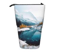 GFLFMXZW Federmäppchen, Motiv: Wintergebirge, Schneeszene, Stehendes Federmäppchen, Teleskop-Federhalter, Pop-Up-Bleistifttasche, tragbare Make-up-Tasche mit Reißverschluss, Schwarz , Einheitsgröße