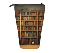 GFLFMXZW Retro-Bücherregal-Druck, Federmäppchen, Steh-Bleistifttasche, Teleskop-Federhalter, Pop-Up-Bleistifttasche, tragbare Make-up-Tasche mit Reißverschluss, Schwarz , Einheitsgröße