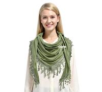 GFM® - Dreieckiger Damenschal, einfarbig, aus weichem Jersey-Stoff, mit Spitze und Quasten, kleine Größe - Schal für Frühling/Sommer und alle Jahreszeiten -Lichtgrün- (TRI-PLN-HLHR)