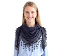 GFM® - Dreieckiger Damenschal, einfarbig, aus weichem Jersey-Stoff, mit Spitze und Quasten, kleine Größe - Schal für Frühling/Sommer und alle Jahreszeiten -marineblau - (TRI-PLN-GHNL)