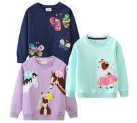 GFQLONG Sweatshirt für Babys, Kleinkinder, Mädchen, Rundhalsausschnitt, langärmelig, T-Shirt, Pullover, Top, Herbst, Winter, Kleidung, lockere Outfits, 3 Stück, Blau+Lila, 3-4 Jahre