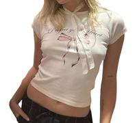 GGOOB Baby-T-Shirts für Damen, Y2K, Y2K, Kleidung, Grunge-Kleidung, Y2K-Kleidung, ästhetische Oberteile, Kleidung, Weiß-rosa Schleife 2, Klein