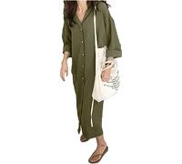 GGUHHU Schickes Damen-Maxikleid mit Knopfleiste und hochgekrämpelten Ärmeln, aus Baumwolle, Armee, Groß