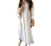 Gguhhu, langes Maxikleid für Damen, mit Knopfleiste, gerollte Ärmel, Baumwolle - Weiß - XX-Large