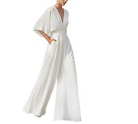 GHAKKE 2023 Damen Sexy Deep V Einfarbiger Overall Jumpsuit Mit 3/4 Ärmeln Hoher Taille Und Weitem Bein Lockere Lässige Lange Hosen Romper (Color : White, Size : L)