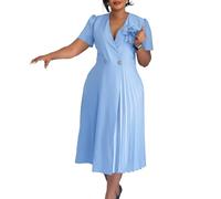 GHAKKE Asymmetrisches, Fließendes Midikleid Mit Faltenrock Elegantes, Sexy Abendkleid Mit V-Ausschnitt, Kurzen Ärmeln Und Passendem Corsage(Blue,XL)