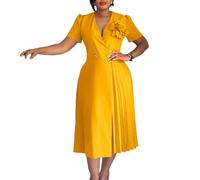 GHAKKE Asymmetrisches, Fließendes Midikleid Mit Faltenrock Elegantes, Sexy Abendkleid Mit V-Ausschnitt, Kurzen Ärmeln Und Passendem Corsage(Yellow,M)