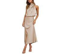 GHAKKE Damen Abendkleid Aus Satin Mit Stehkragen Elastischer Hochzeitsgast Cocktail Mit Hoher Taille Elegantes Formelles Maxi Brautjungfern Dress (Color : Apricot, Size : L)