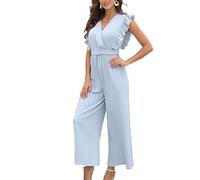 GHAKKE Damen Overall Mit V-Ausschnitt Hoher Taille Rüschen Kurzen Ärmeln Lässiger Plissierter Jumpsuits Mit Weitem Bein Und Bund (Color : Light blue, Size : M)