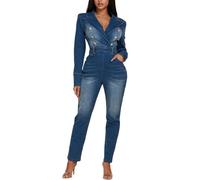 GHAKKE Frauen Sexy Kerb Revers Denim Overalls Mode Lange Sleeve Zipper Verschluss Jumpsuits Slim Fit Lange Hosen Jean Playsuits (Color : Blue, Size : L)