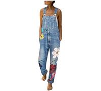 GHAKKE Lässiger Denim Overall Für Damen Lockere Jeans Latzhose Mit Blumenmuster Verstellbare Träger Weites Bein Hosen Jumpsuit Mit Taschen (Color : Light Blue, Size : M)