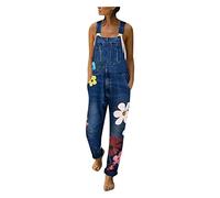 GHAKKE Lässiger Denim Overall Für Damen Lockere Jeans Latzhose Mit Blumenmuster Verstellbare Träger Weites Bein Hosen Jumpsuit Mit Taschen (Color : Dark Blue, Size : 5XL)