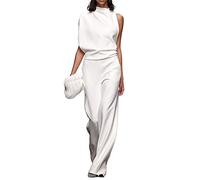 GHAKKE Lässiger Einfarbiger Damen Jumpsuit Halber Rollkragenpullover Mit Hoher Taille Und Weitem Bein Elegante Lange Hosen Overalls Partywear (Color : White, Size : M)