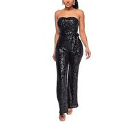 GHAKKE Sexy Bandeau Overalls Mit Glitzer Pailletten Für Damen Elegant Schulterfrei Taille Selbstbindend Weites Bein Hose Cocktail Jumpsuits (Color : Black, Size : S)