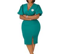 GHAKKE Sexy Kurzes Cocktailkleid Mit Puffärmeln Und V-Ausschnitt Figurbetontes Midikleid Im Bleistiftstil Mit Brosche Für Business-Casual-Look(Green,XL)