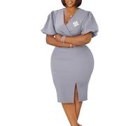 GHAKKE Sexy Kurzes Cocktailkleid Mit Puffärmeln Und V-Ausschnitt Figurbetontes Midikleid Im Bleistiftstil Mit Brosche Für Business-Casual-Look(Gray,XL)