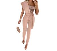 GHAKKE Sexy Schlanke Pailletten Outfits Für Damen Eleganter Ärmelloser Rückenfreier Jumpsuit Hoch Taillierter Langer Hosen Overall Cocktailparty (Color : Pink, Size : M)