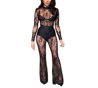 GHAKKE Sexy Spitze Durchsichtiger Damen Jumpsuit Party Nachtclub Langarm Overall Lange Hosen Transparenter Engmaschiger Playsuit (Color : Black, Size : L)