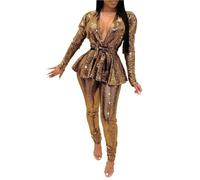 GHAKKE Zweiteiliges, Metallisch Glänzendes Damen-Outfit Sexy Club-Look Blazer Mit Tiefem V-Ausschnitt, Langen Ärmeln, Gürtel Und Glitzer, Dazu Passende Figurbetonte Hose(Gold,S)