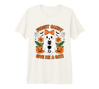 Ghost Holding Black Cat Floral Vergiss Süßigkeiten Gib Mir eine Katze Premium T-Shirt