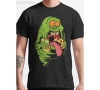 Ghostbusters 100% Baumwolle Rundhals T-Shirt mit verspielter Slimer & Pizza Grafik - Schwarzes lässiges Kurzarmshirt für Männer, normale Passform, mas